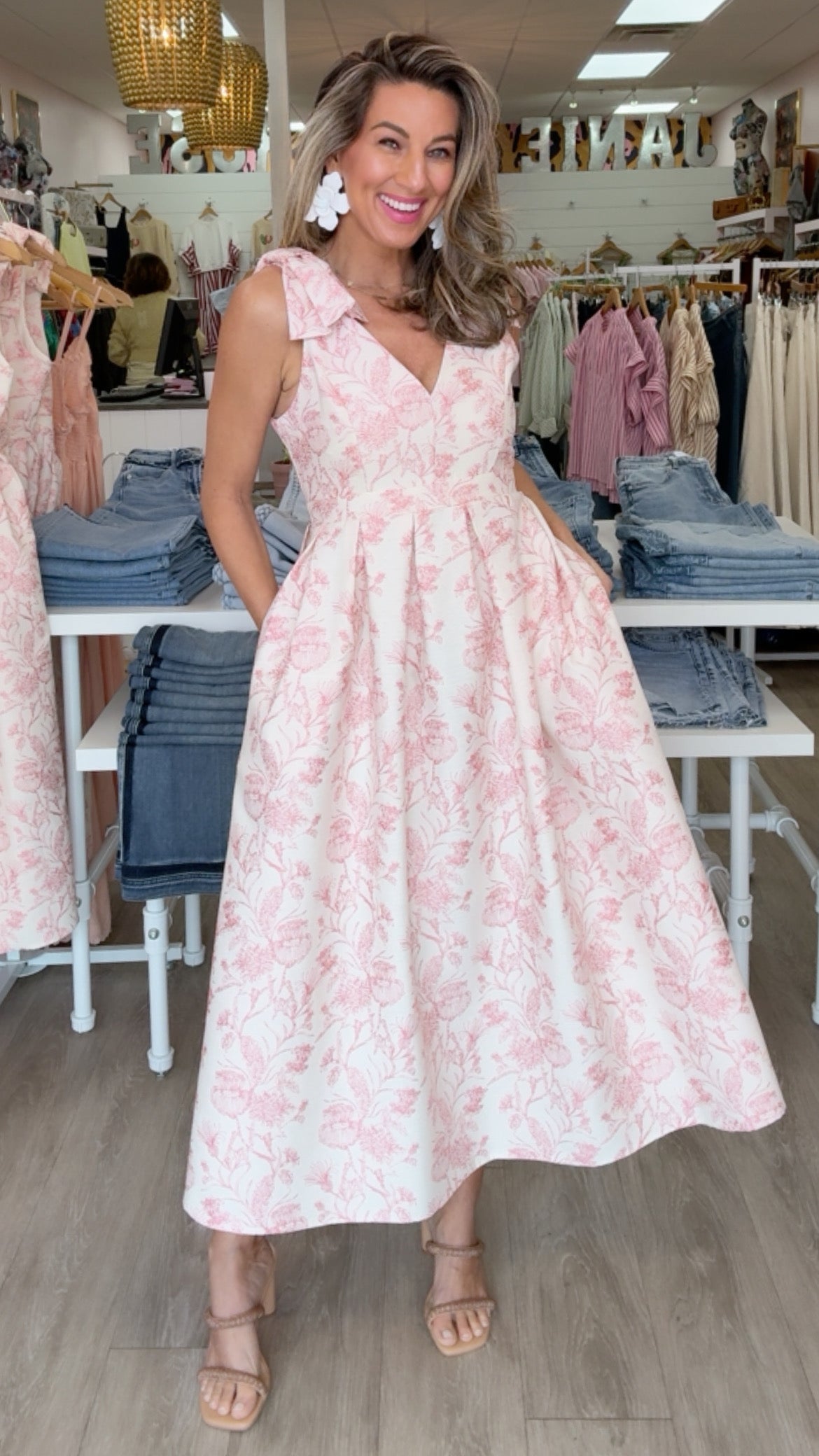 Pink Metallic Flower Bow Shoulder Midi Dress (1 SMALL)