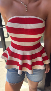 Endless Rose | Red Striped Strapless Knit Top