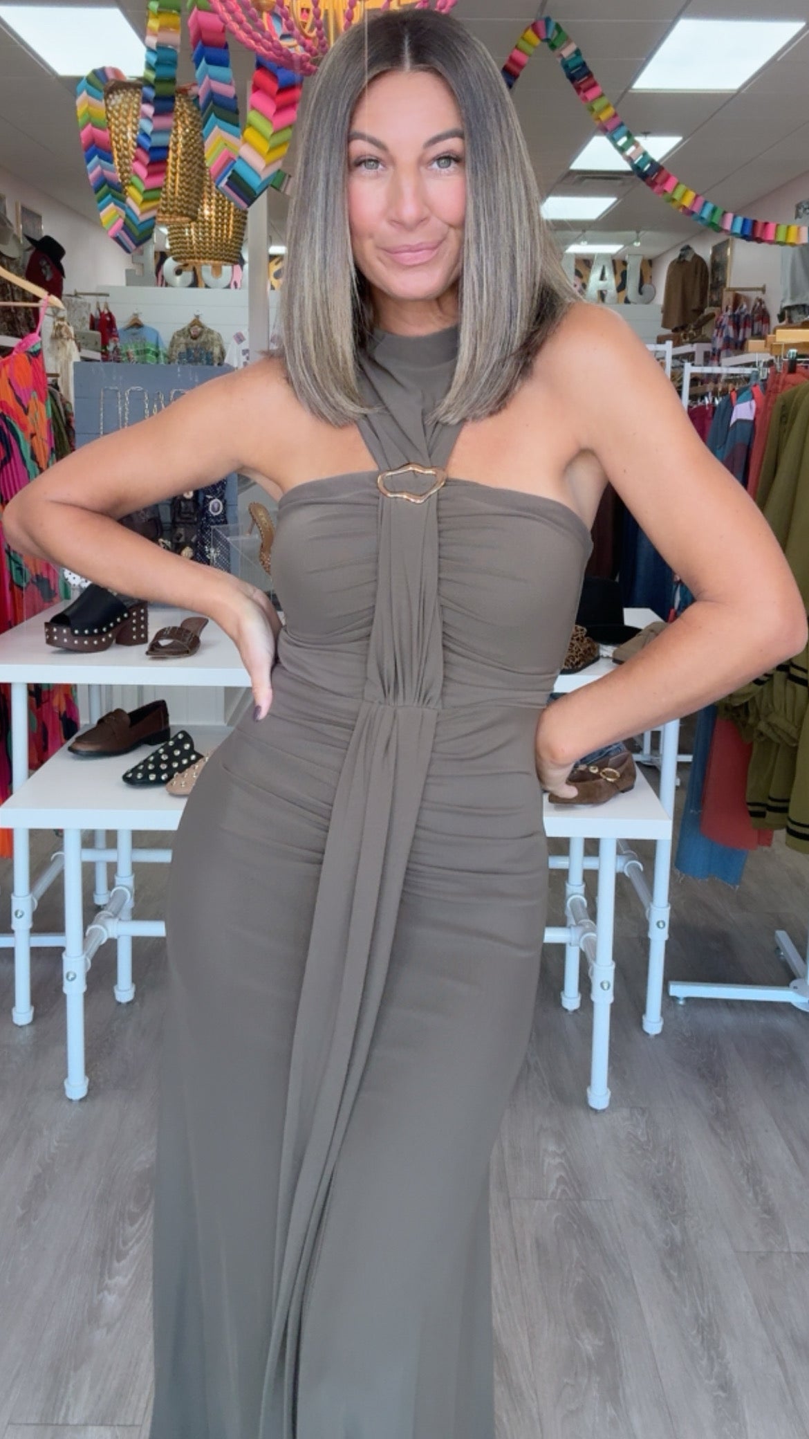 Olive Mockneck w/ Metal Hardware, BodyCon Maxi