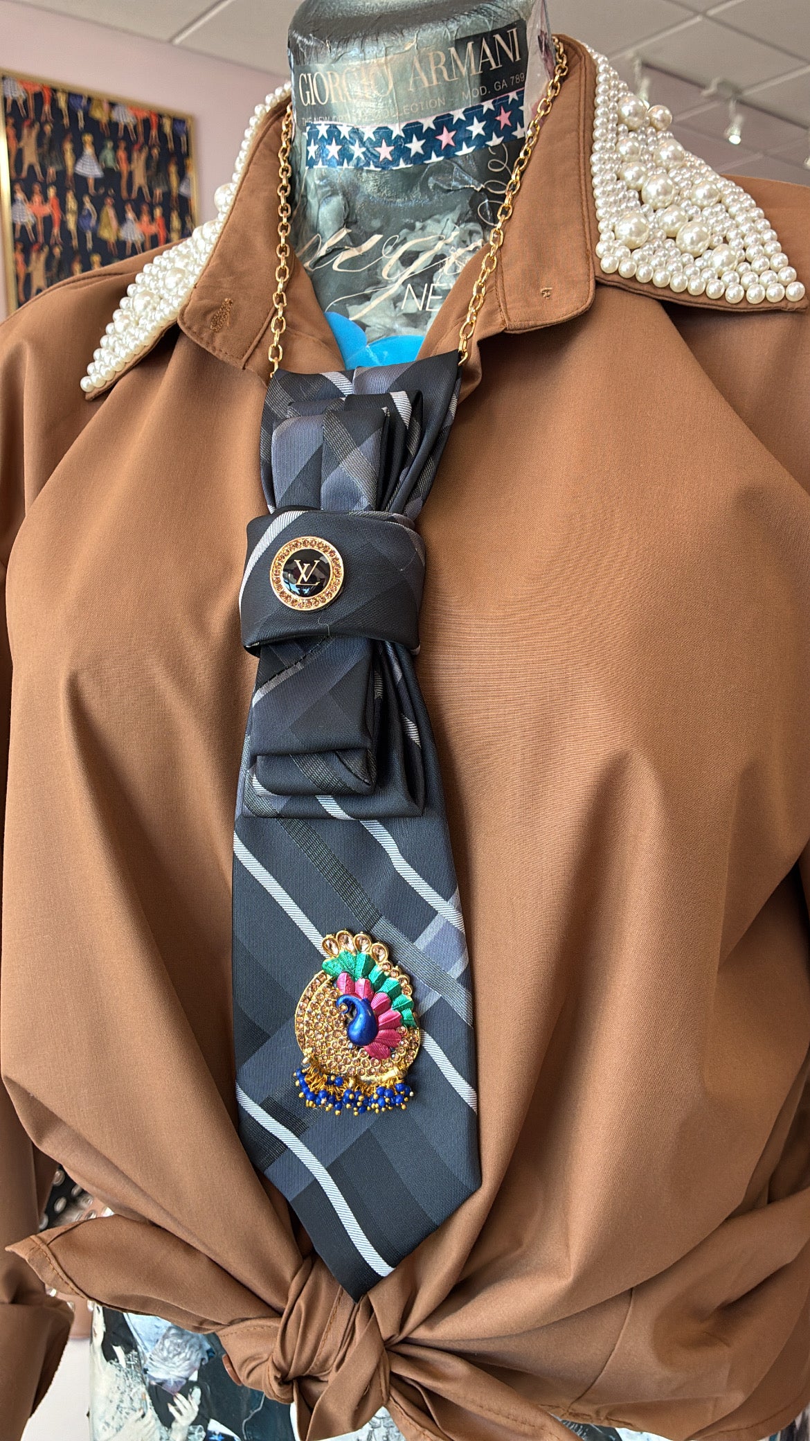 Tie Necklace | Black + Grey Stripes w/ LV + Peacock Brooch