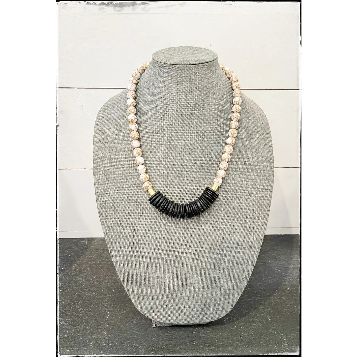 Black Wood & Bead in White Lace Necklace