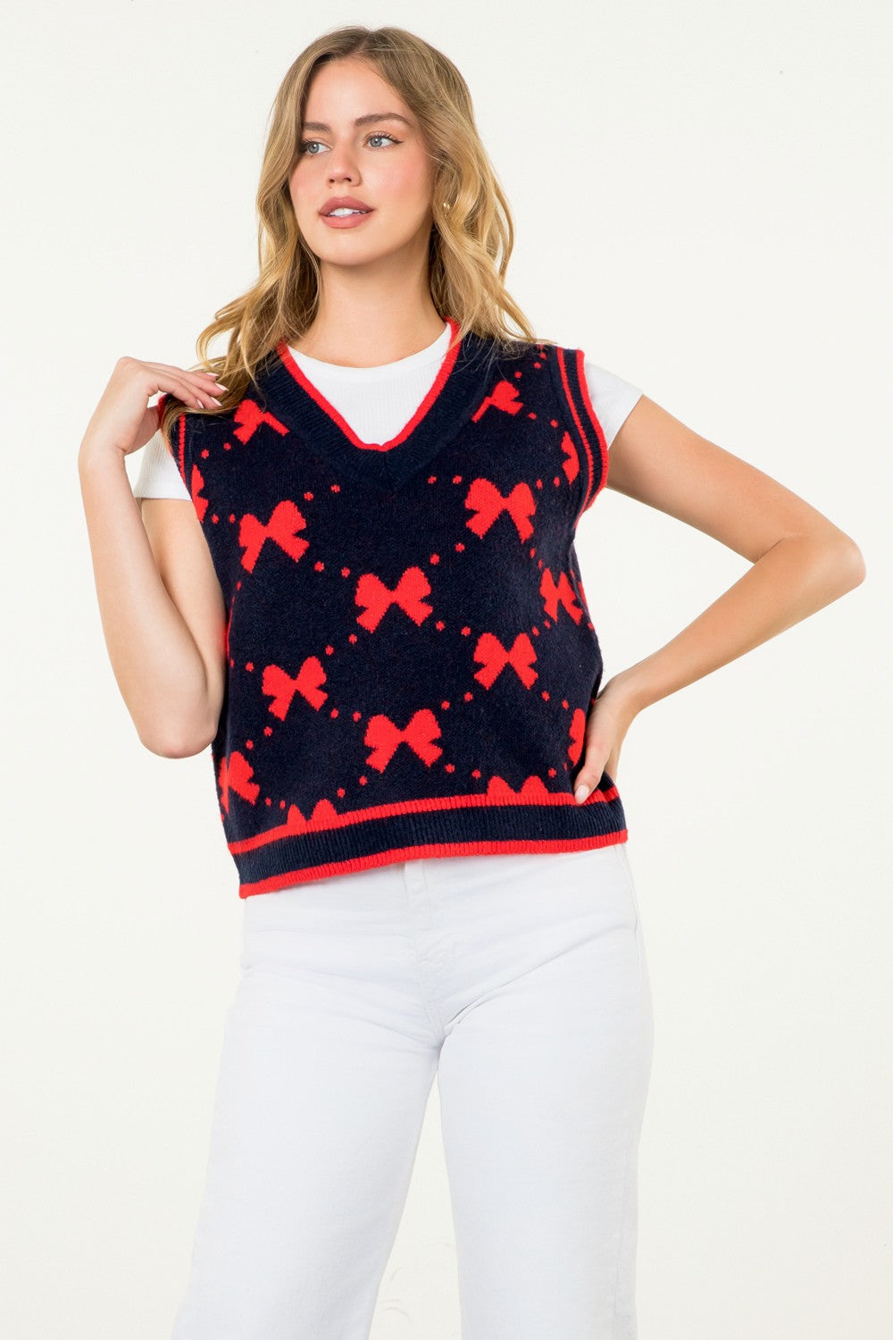 THML Navy and Red Bow V-Neck Sweater Vest (1 XS)