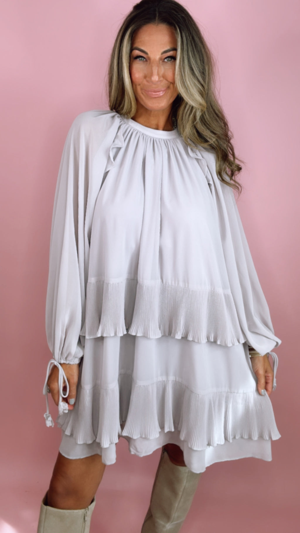 Lavender Sheer + Pleated Ruffle Nicolette Mini Dress