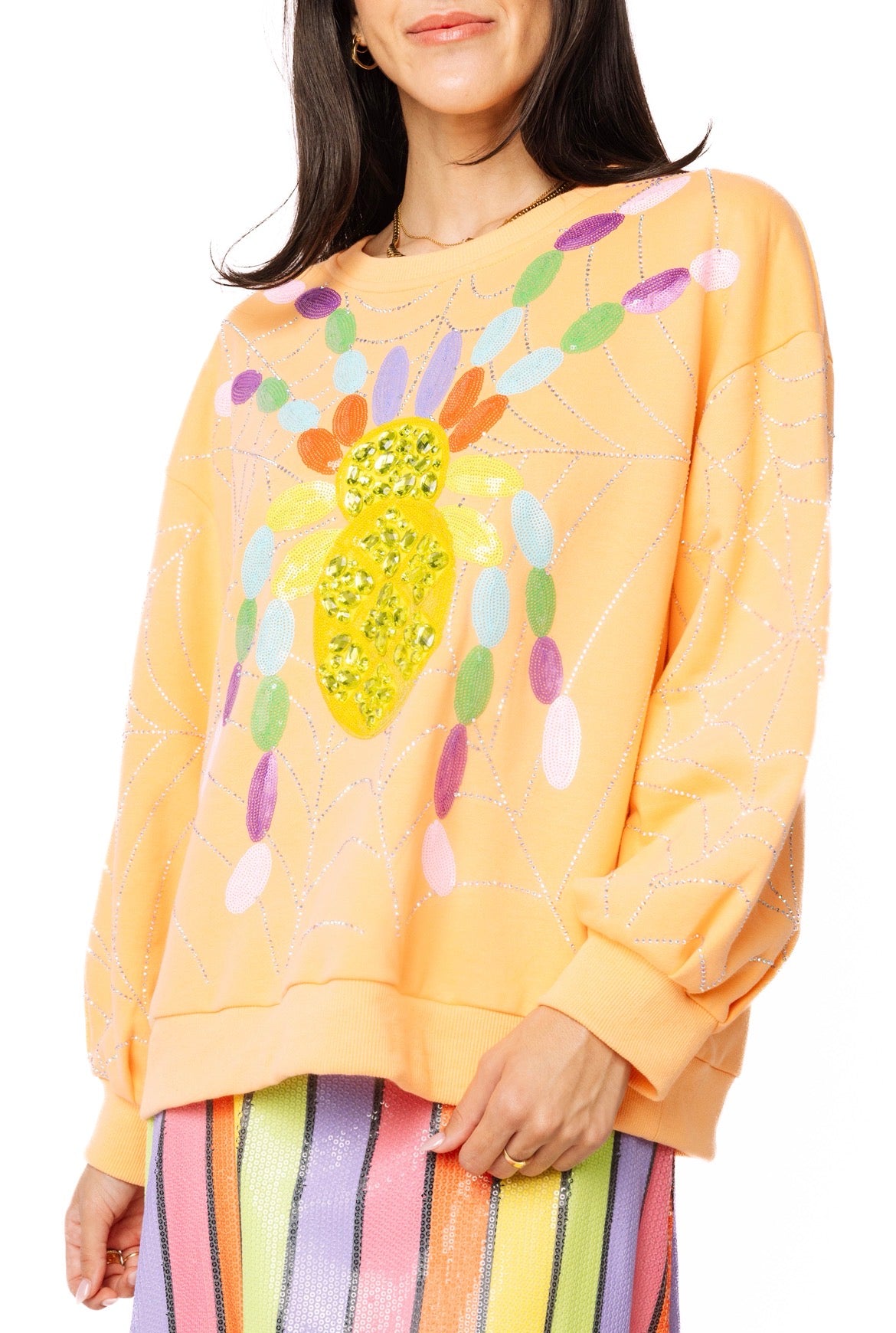 Queen of Sparkles | Light Orange Oversized Spider on Web Sweatshirt