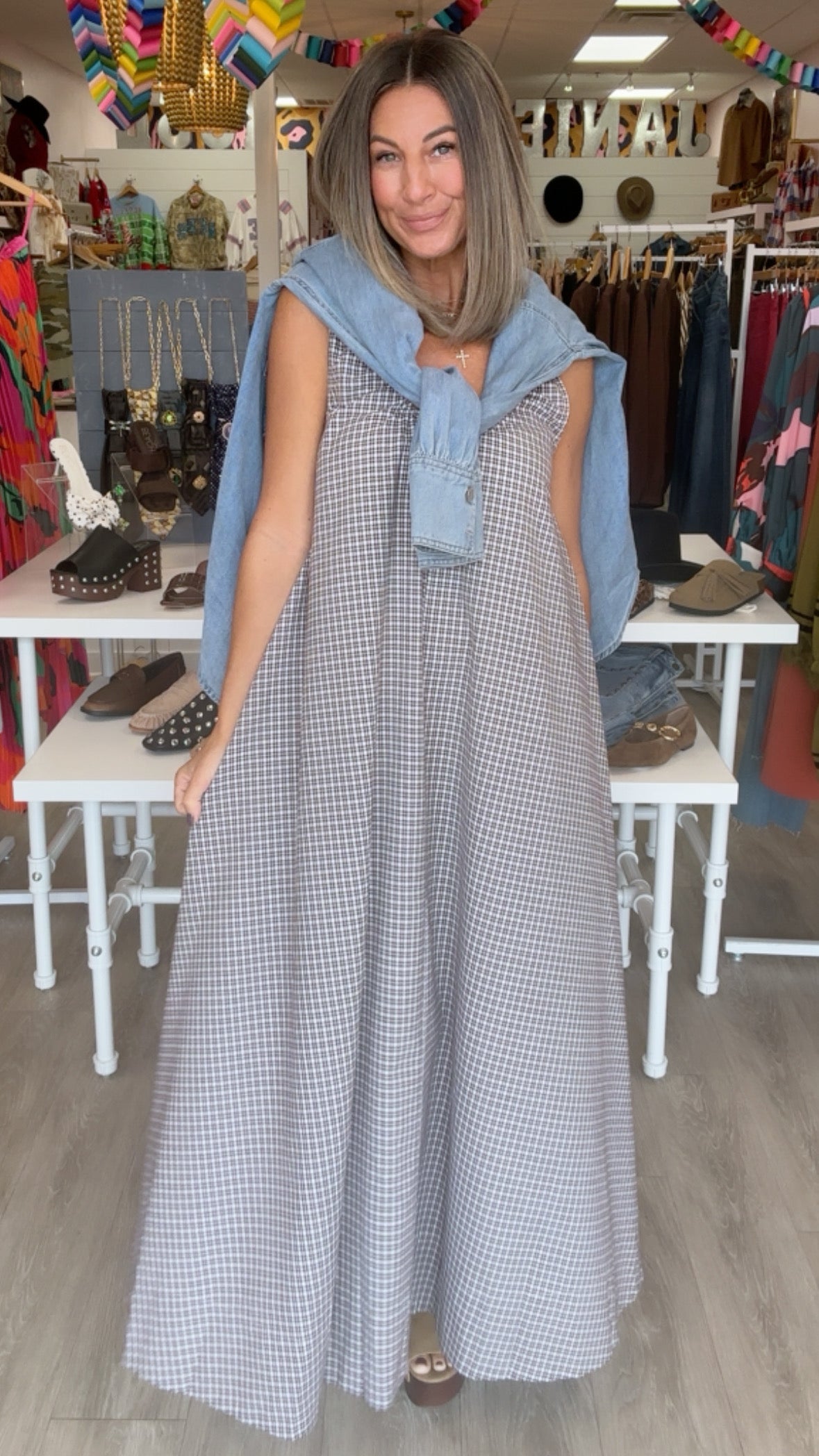 Karlie | Brown Check Scoop Maxi Dress