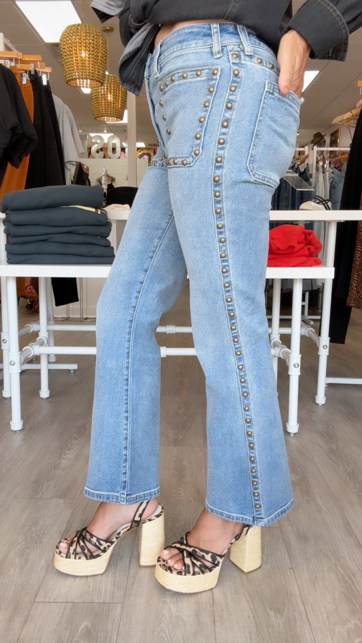 Liverpool | Bronzed Blue Hannah Flare w/ Patch Pockets + Studs