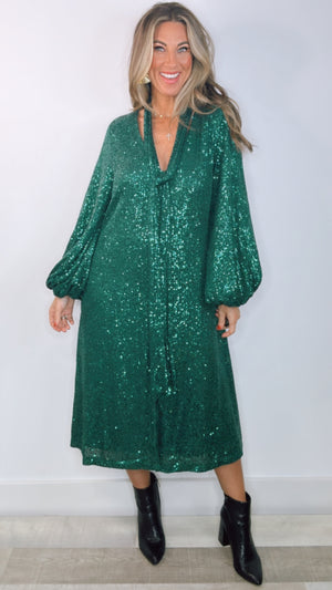 Green Sequin V-Neck Tie Waist Midi Dress