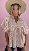 Rust Stripe Puff Sleeve Top