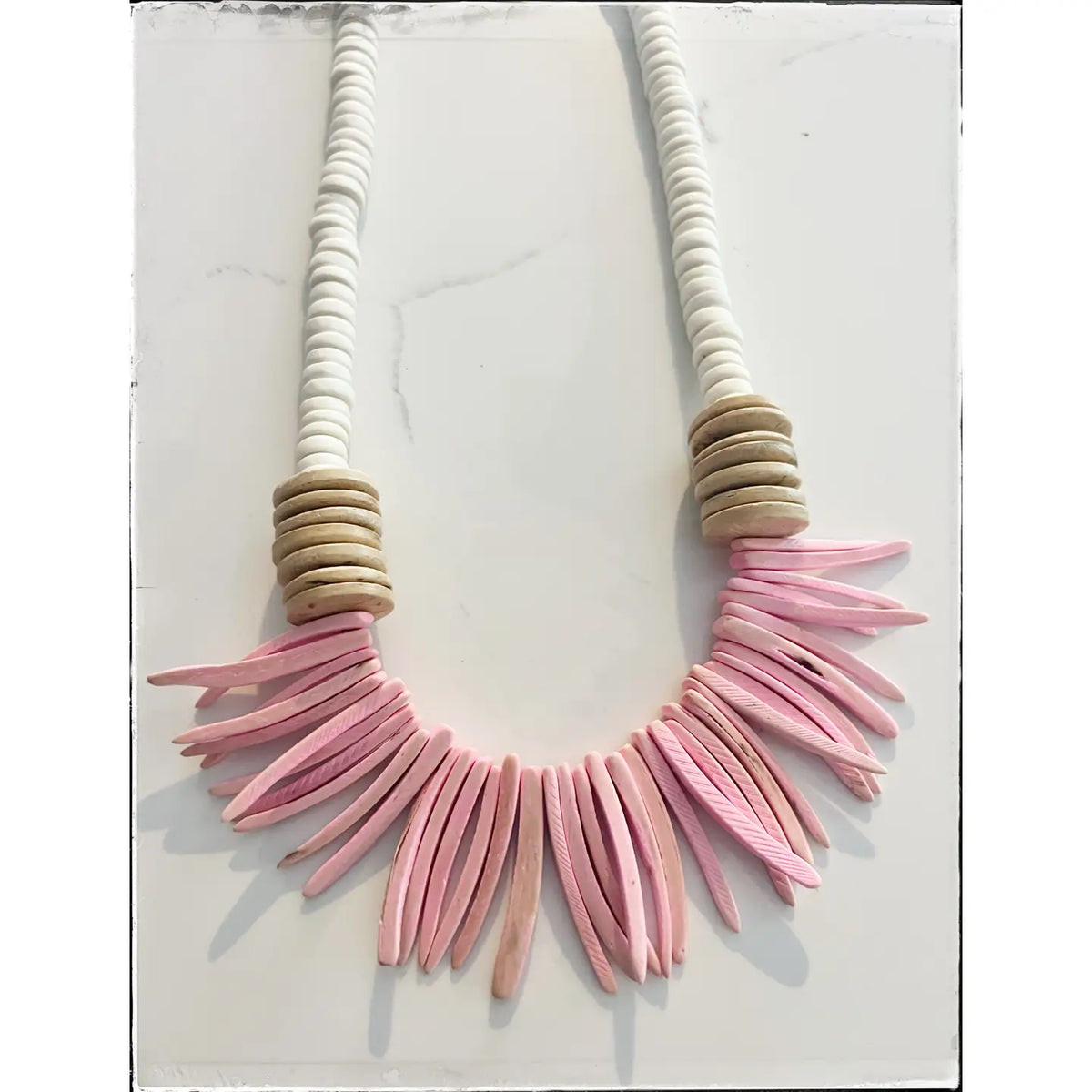 Pink & Tan Coconut Wood Disk Bead Necklace