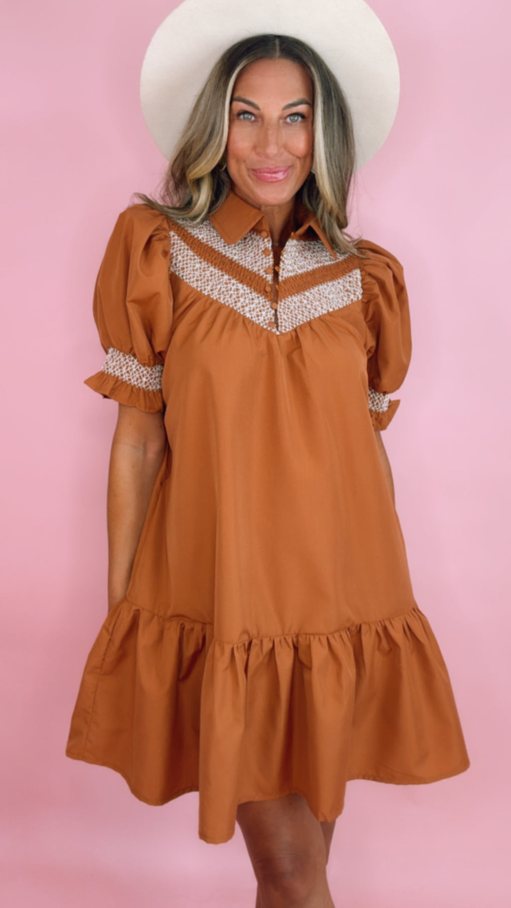 Caramel Embroidered Smocked Puff Sleeve Dress (1 SMALL)