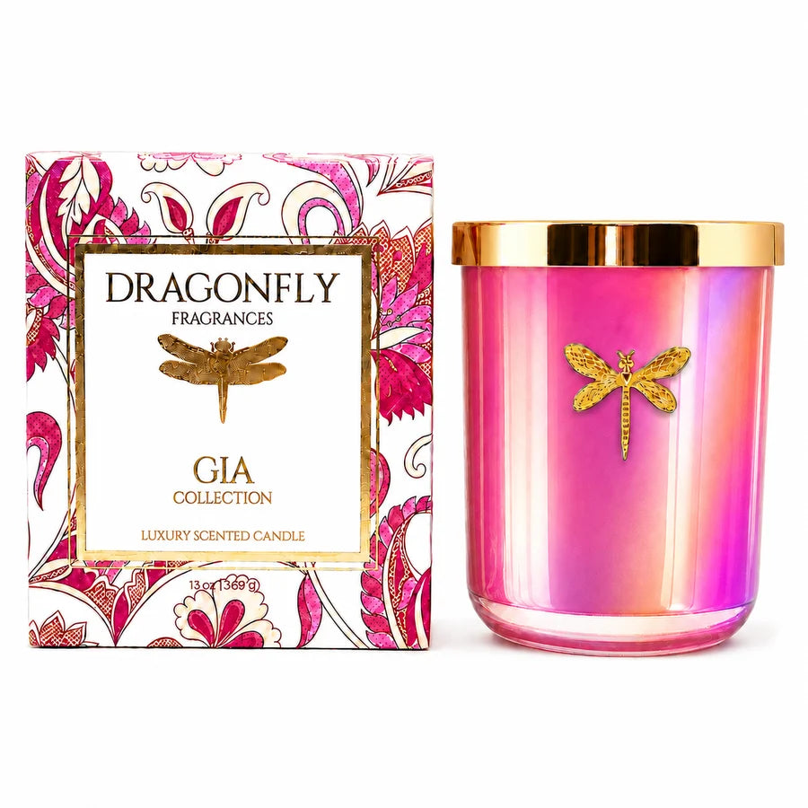 Dragonfly | Gia Iridescent Pink Candle | Pear + Water Lily