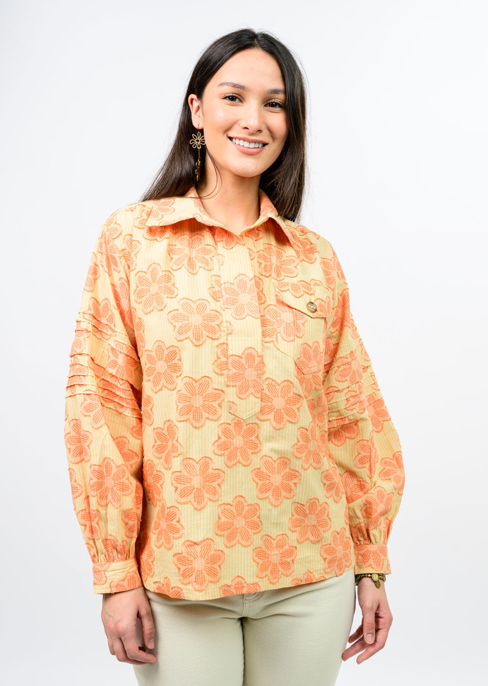 Ivy Jane | Citron Jacquard Stripe Top w/ Pleated Sleeve