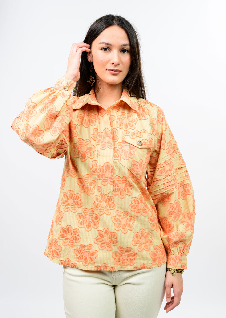 Ivy Jane | Citron Jacquard Stripe Top w/ Pleated Sleeve