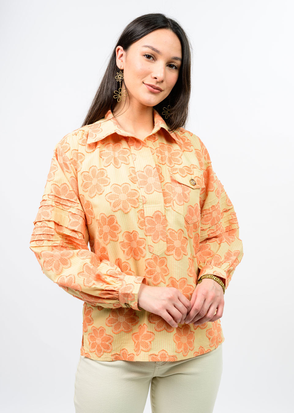 Ivy Jane | Citron Jacquard Stripe Top w/ Pleated Sleeve