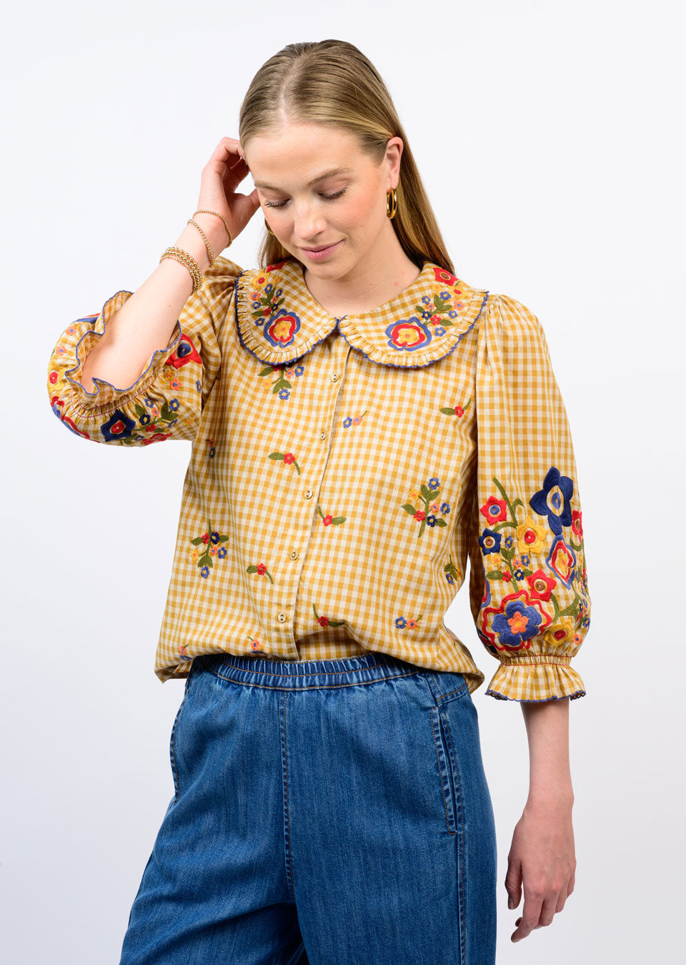 Ivy Jane | Gold Check Garden Top w/ Embroidery + Collar
