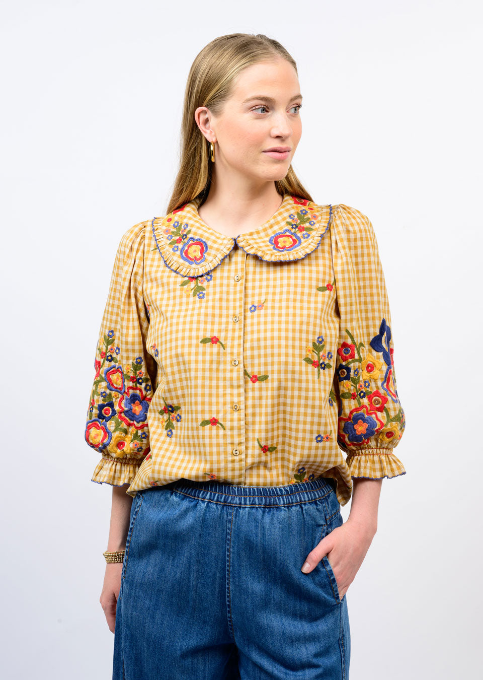Ivy Jane | Gold Check Garden Top w/ Embroidery + Collar