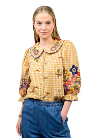 Ivy Jane | Gold Check Garden Top w/ Embroidery + Collar