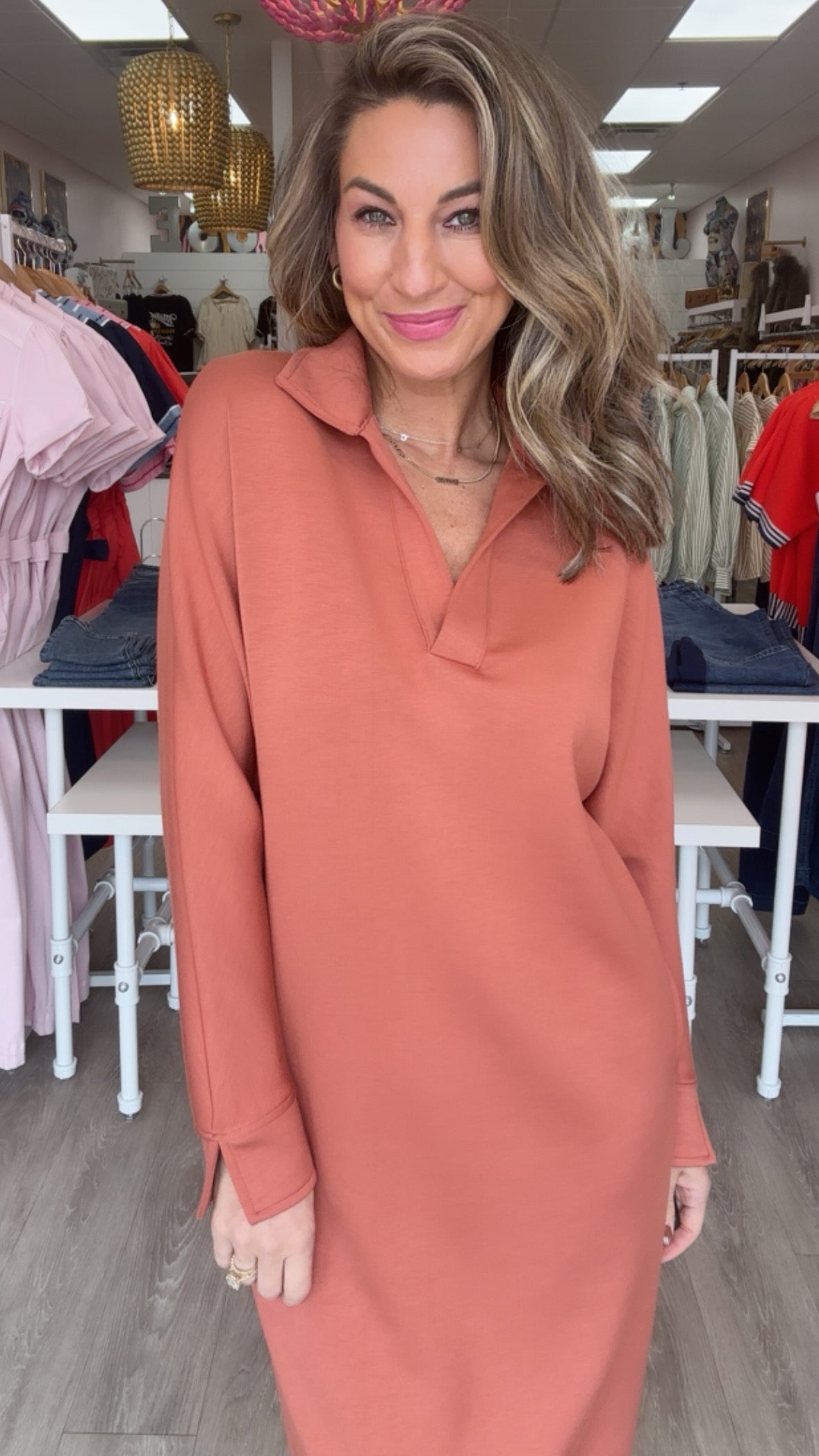 Buttery Soft Collared Long Sleeve Midi Dress in Rose (1 XS)
