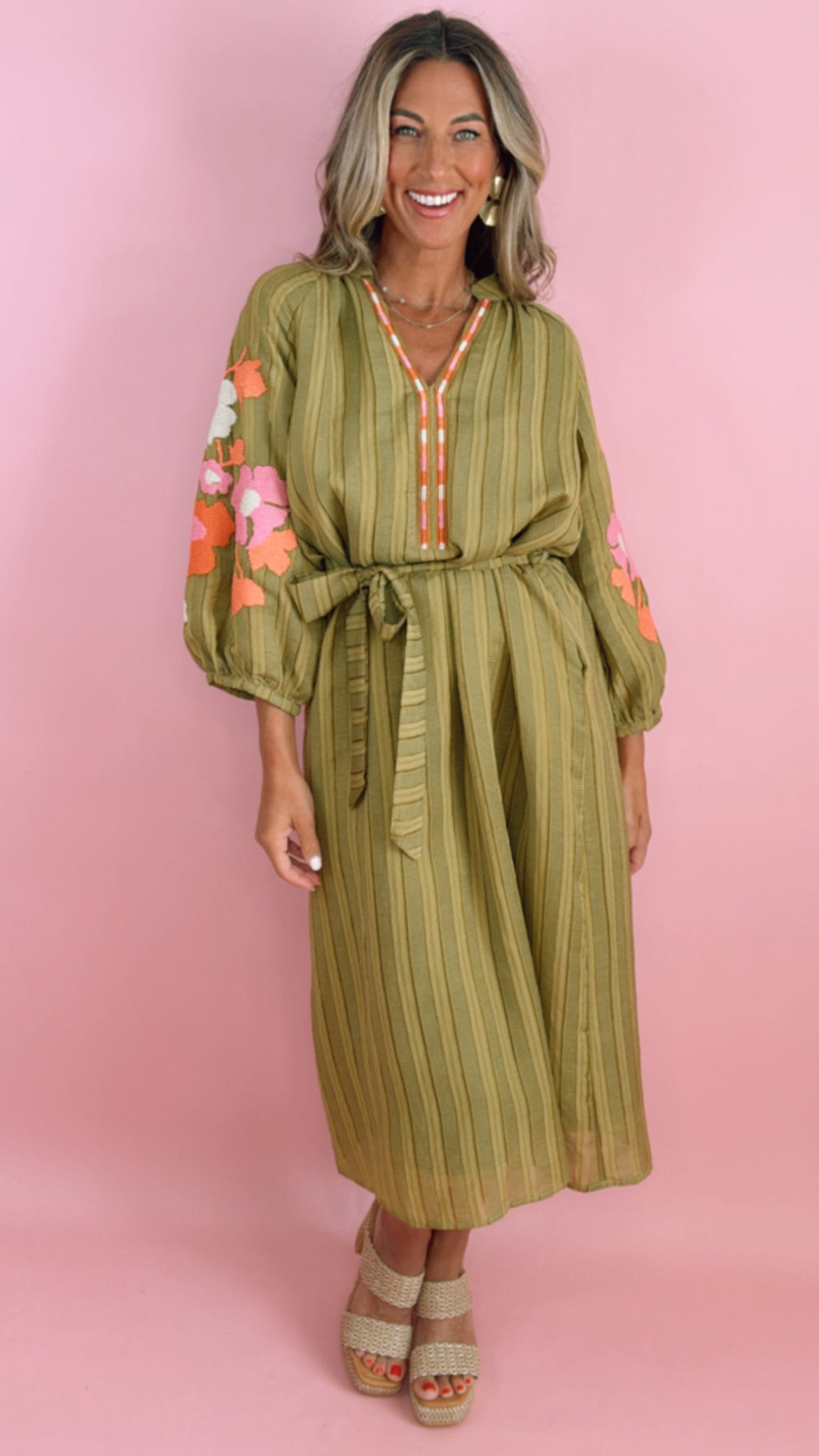 THML Embroidered Stripe Midi Dress