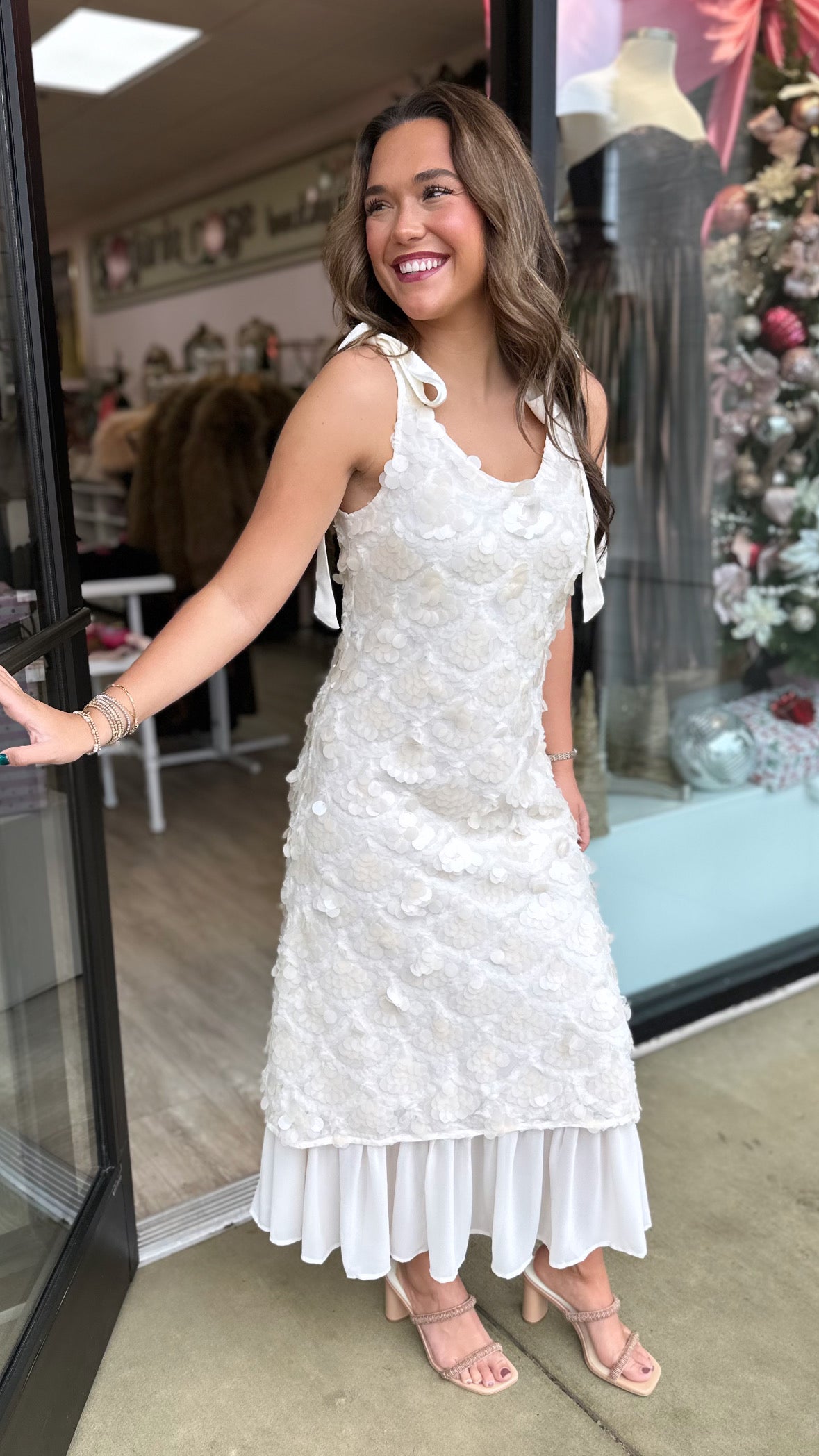 En Saison Ecru Sequin Tulle Tie Shoulder Midi Dress