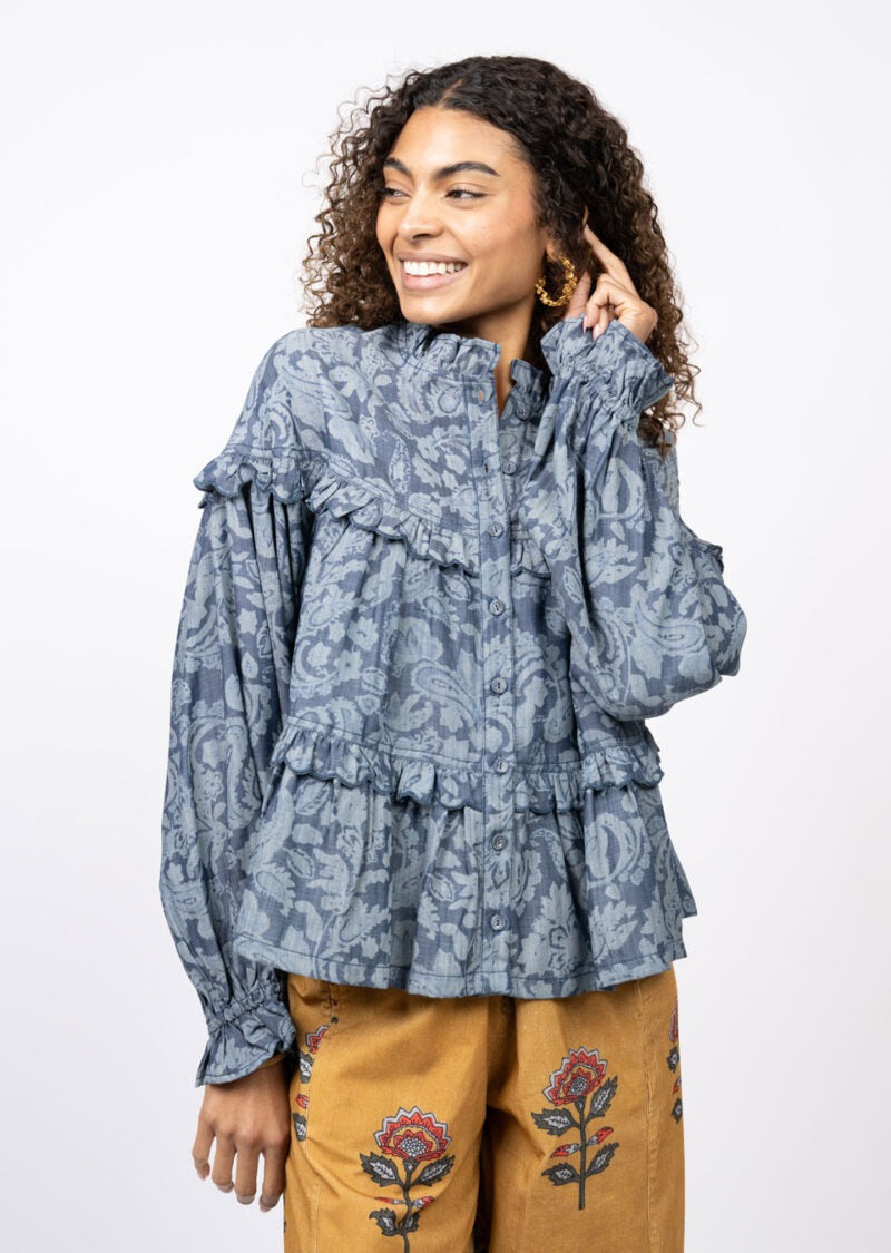 Ivy Jane Indigo Scalloped Tiered Shacket Top