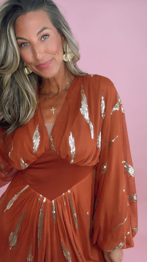 Copper Sequin Detail Slit Midi Dress