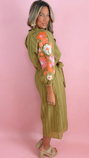THML Embroidered Stripe Midi Dress