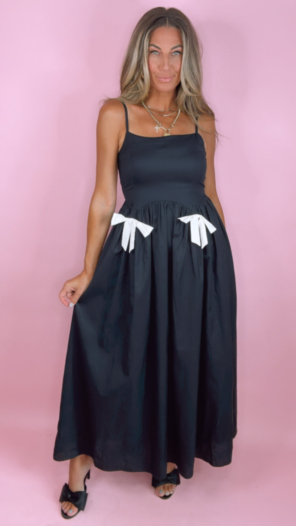 Nora Lee: Black w/ Ivory Bows Beatrice Midi Dress