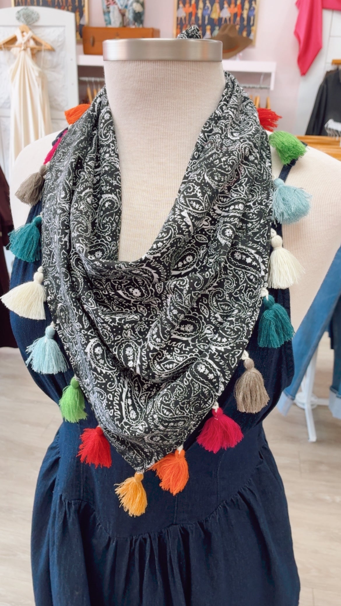 Fringe Scarf | Black+White Print w/Tassels