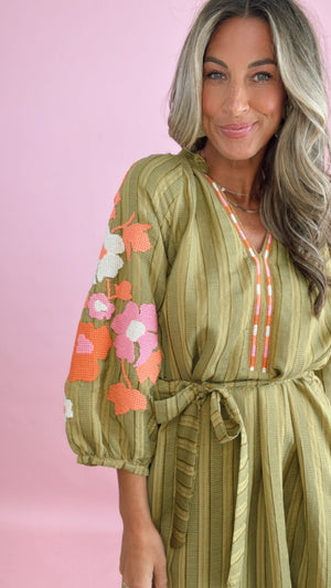 THML Embroidered Stripe Midi Dress