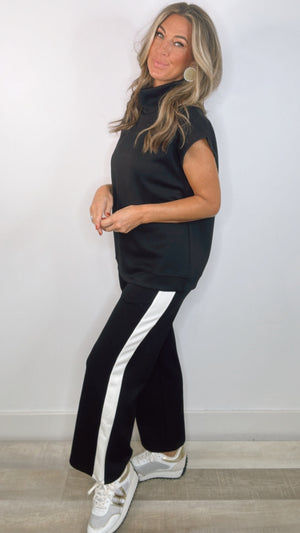 Black Mock Neck Boxy Top and Stripe Pants Set