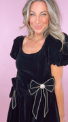 Moon River Black Velvet Rhinestone Bows Bubble Mini Dress