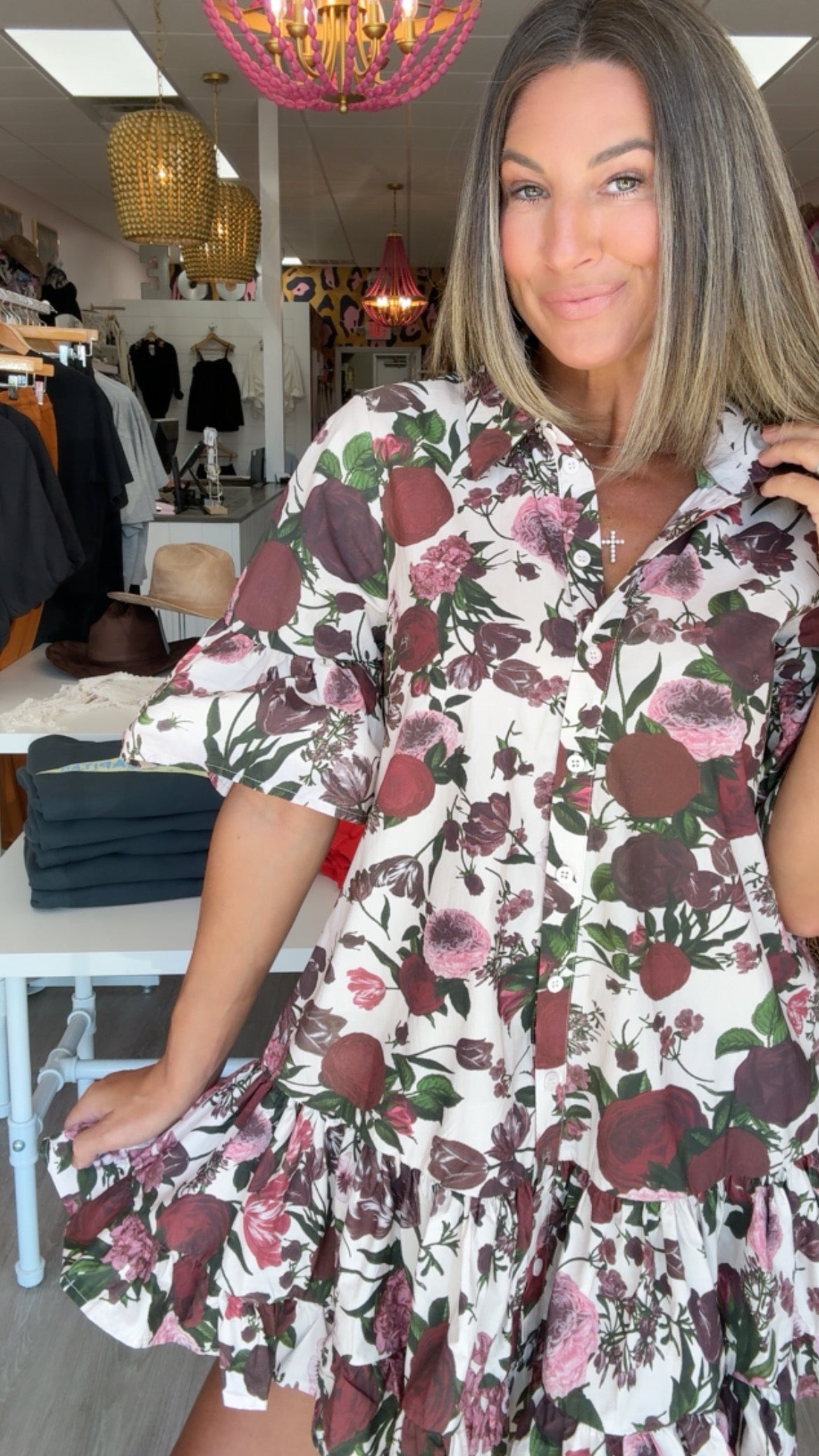 Burgundy/Pink Floral Buttondown Ruffle Mini Dress