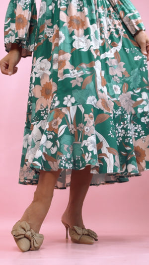Current Air Green Floral Notched Collar Midi Dress
