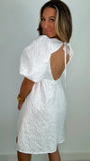 Endless Rose White Open Back Floral Jacquard Puff Sleeve Dress