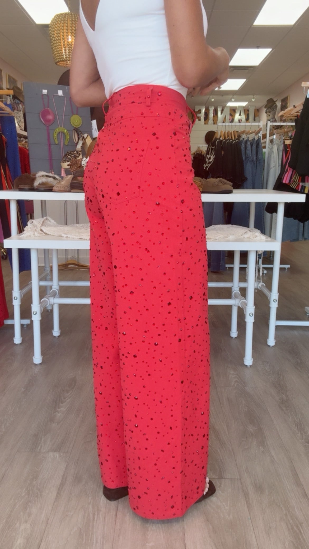 Queen of Sparkles Red Wide Leg Rhinestone Jean (Bottoms Only)
