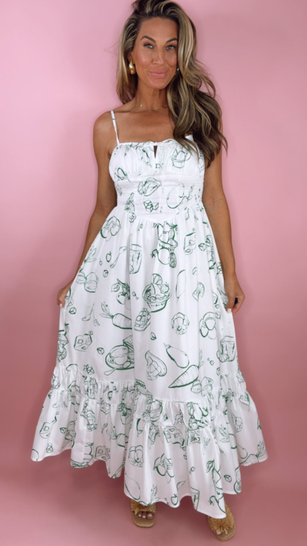 Doodle Line Print Smocked Waist Midi Dress