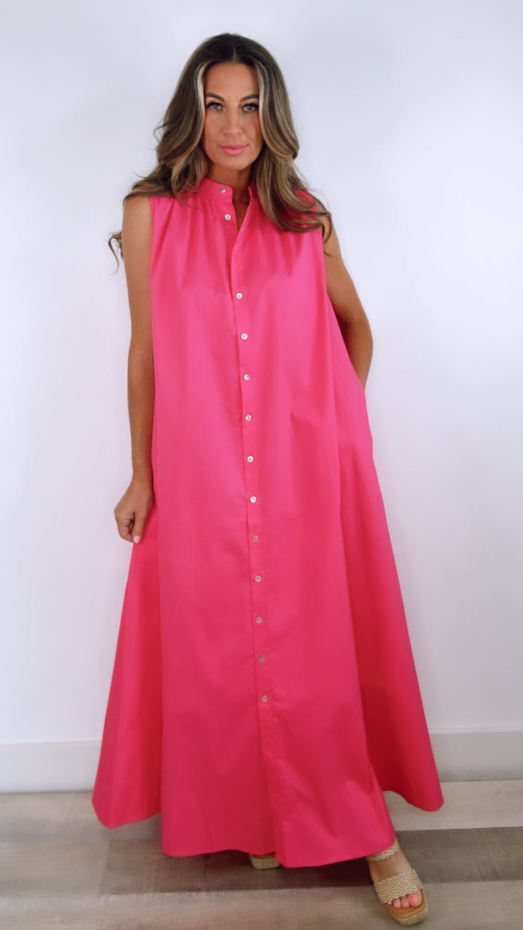 FRNCH Aulde Pink Button Down Midi Dress