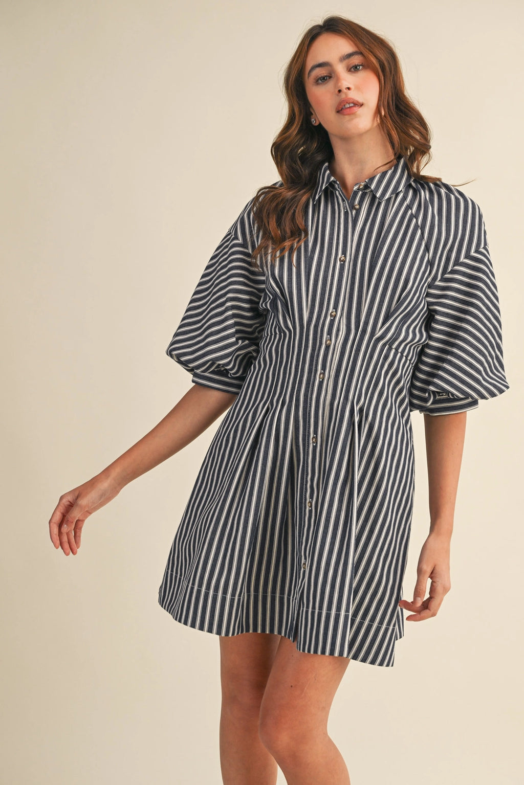 Denim Blue Striped Bubble Sleeve Mini Dress