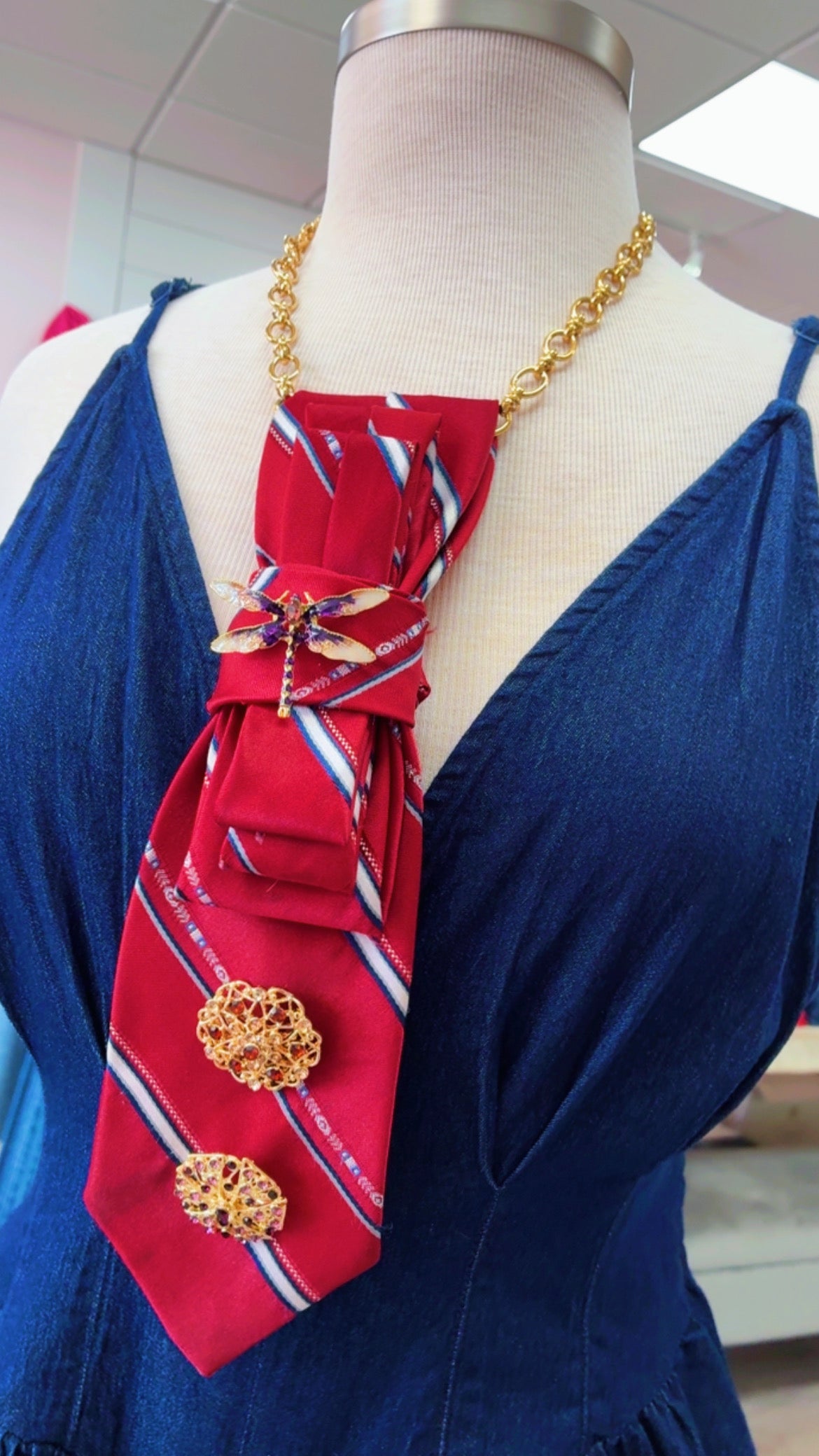 Tie Necklace | Dark Red Dragonfly Brooch