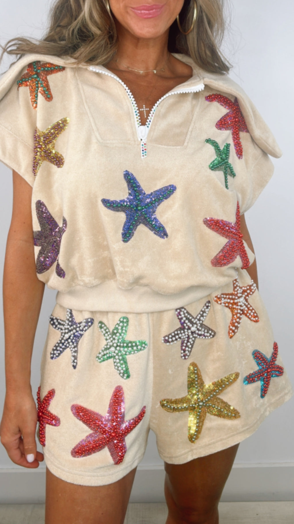 Queen of Sparkles Beige Terry Cloth Starfish Shorts (LARGE)