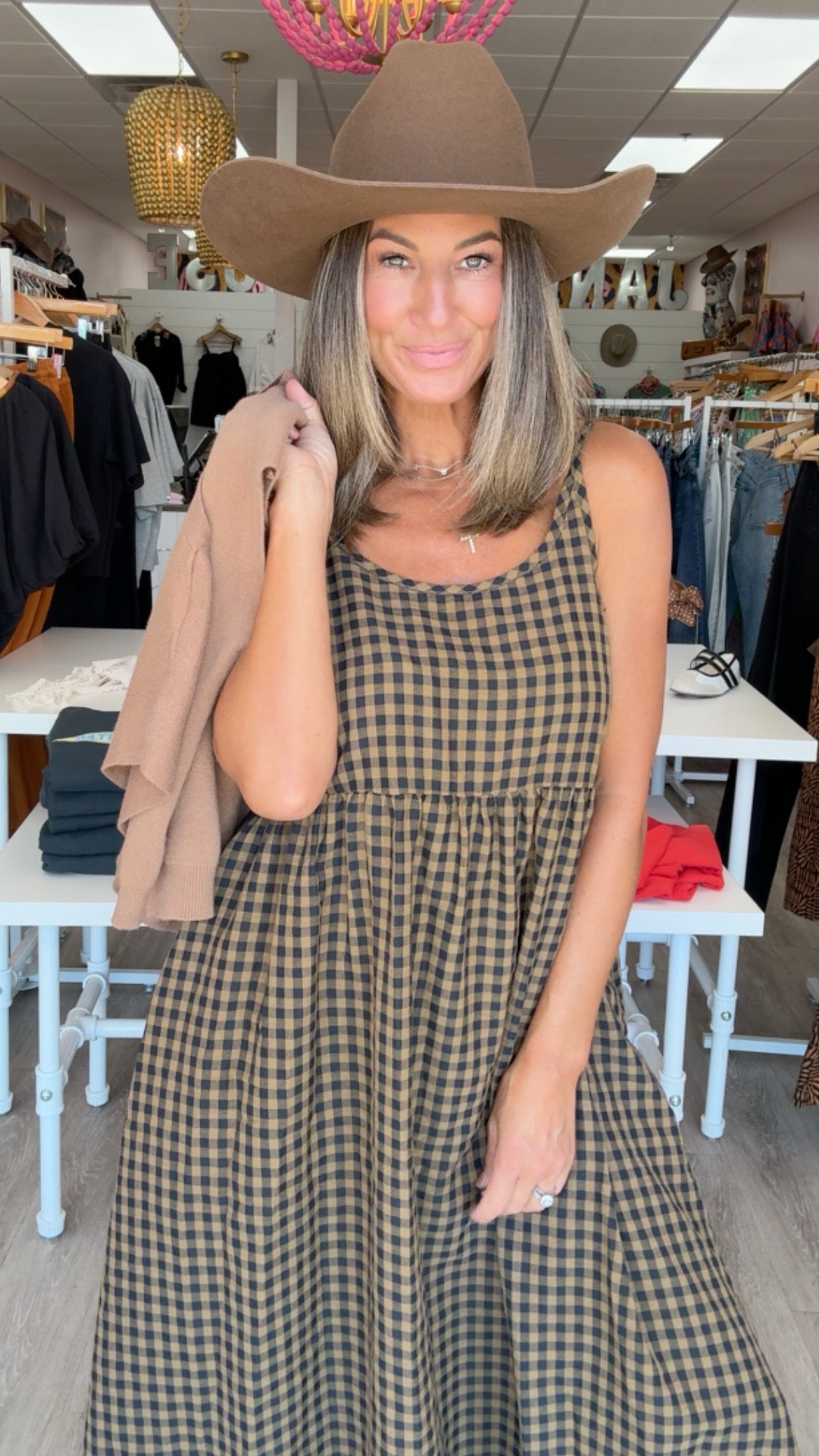 Camel Gingham Midi Dress w/ Removable Cap Sleeve Pullover