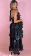 Black Halter 3D Circle Tiered Midi Dress