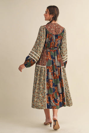 Brown Floral Patchwork Midi Dress