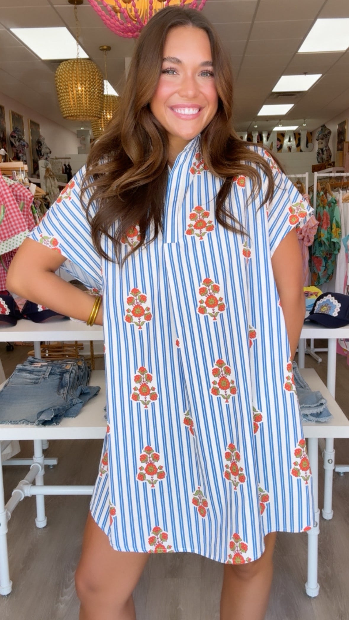 Karlie | Blue Stripe Floral VNeck Signature Shirt Dress
