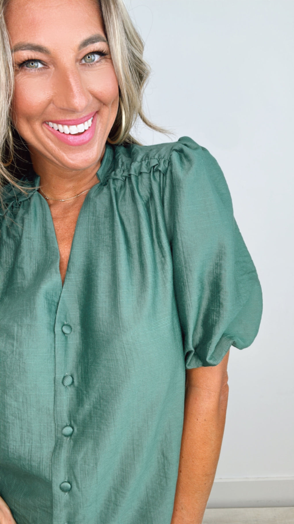THML Green Puff Sleeve Button Up Top