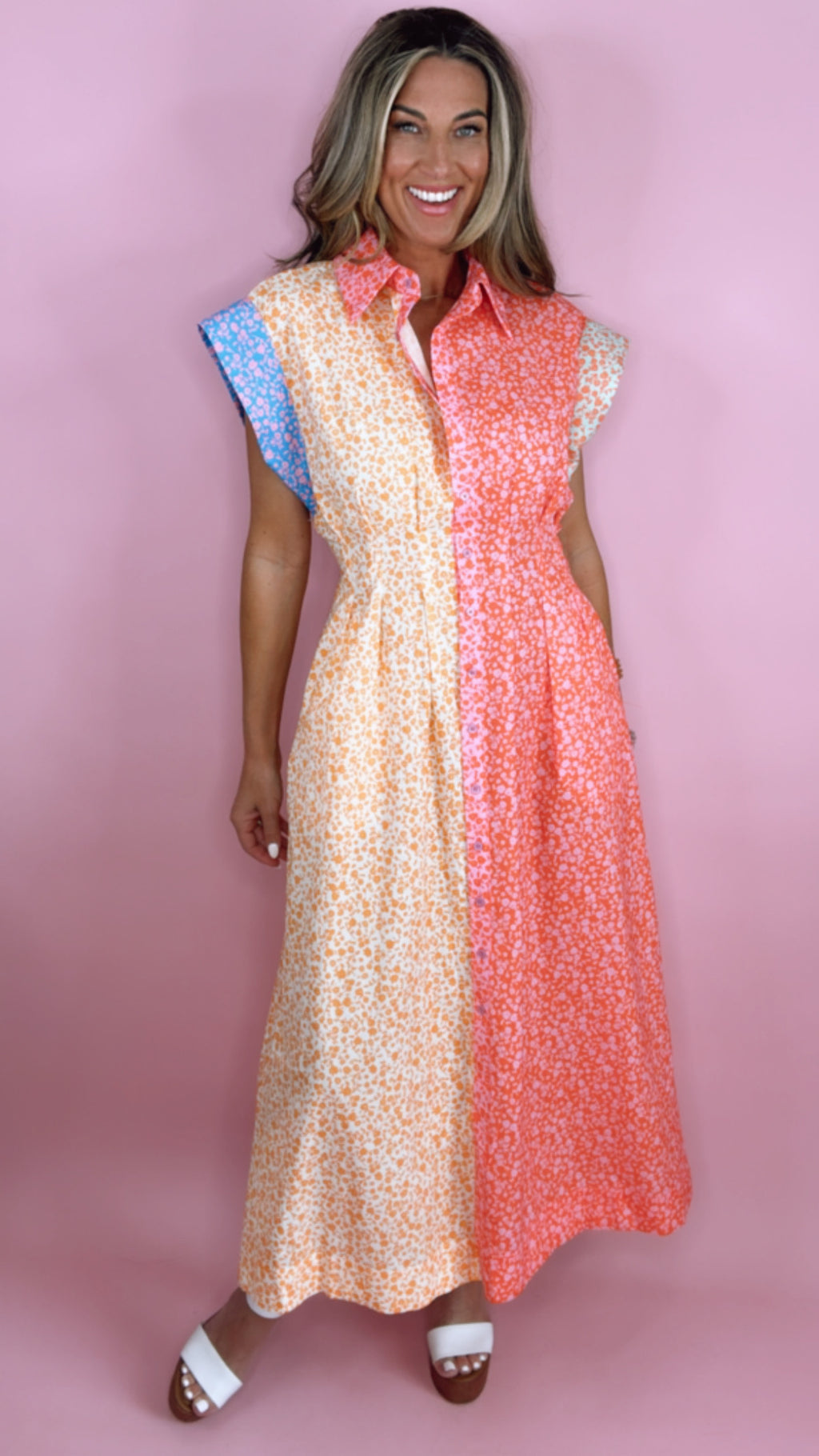 Endless Rose Colorblock Printed Shirt Midi Dress