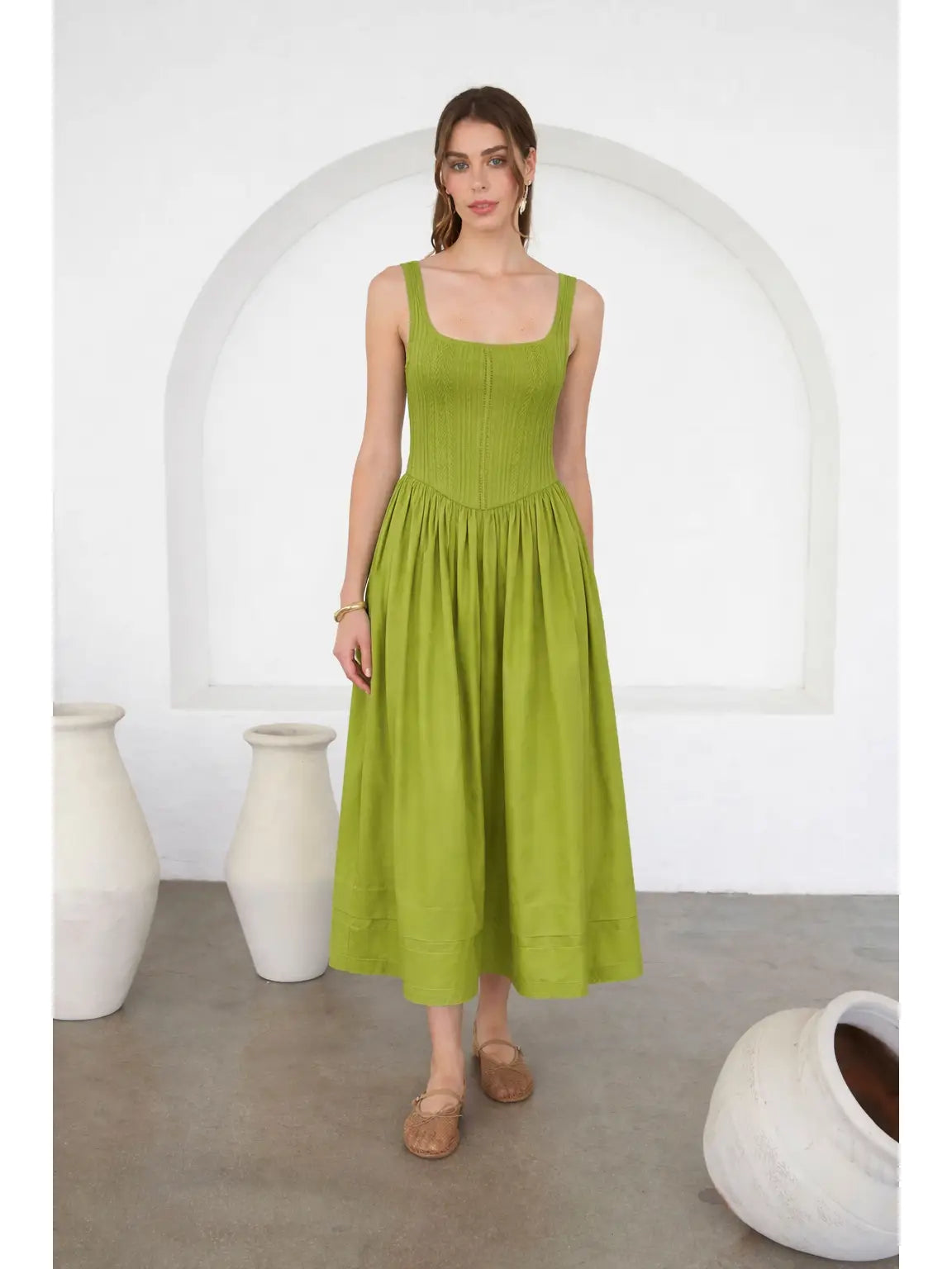 Moon River | Olive Pointelle Knit Sleeveless Midi Dress