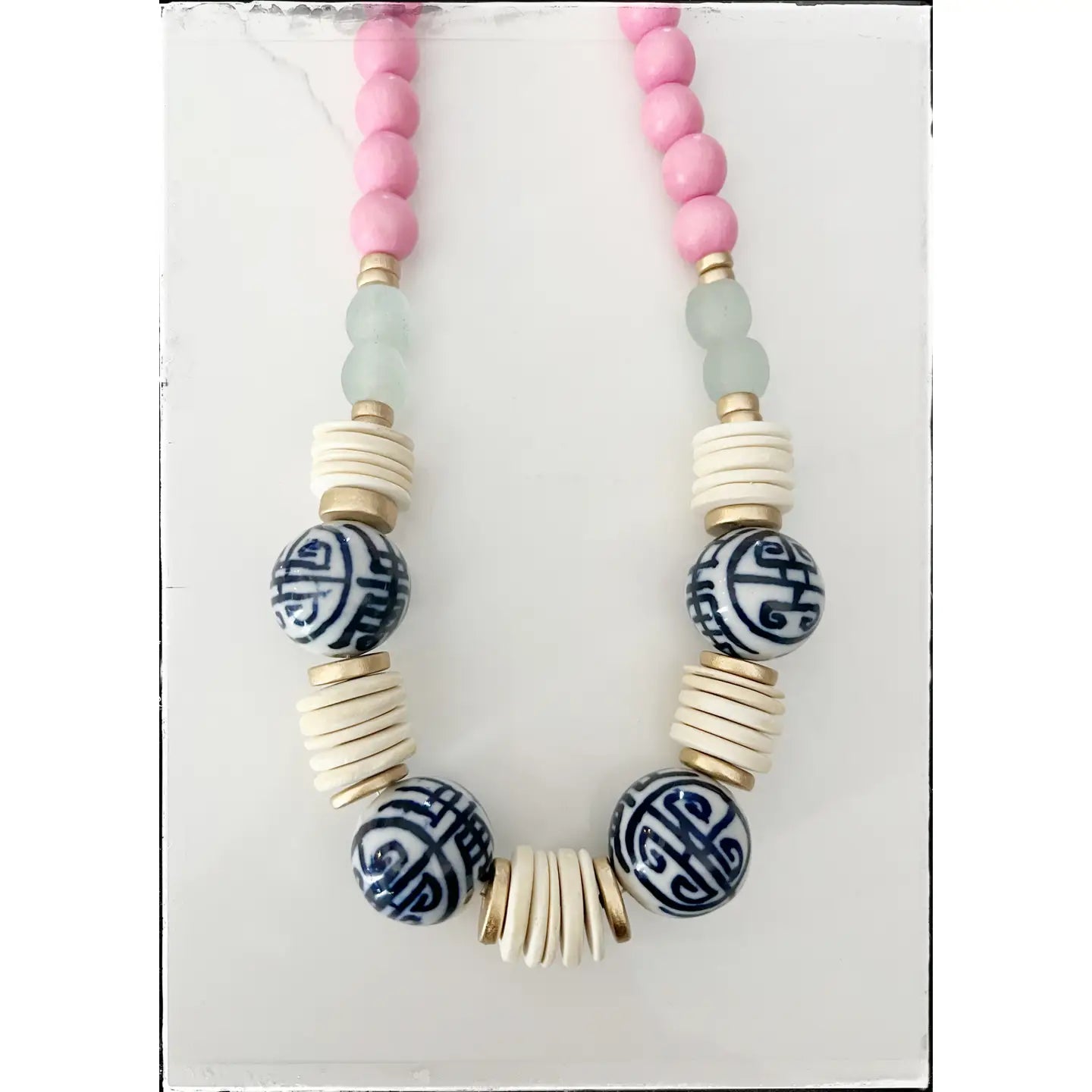 Pink Bead & Chinoiserie Necklace