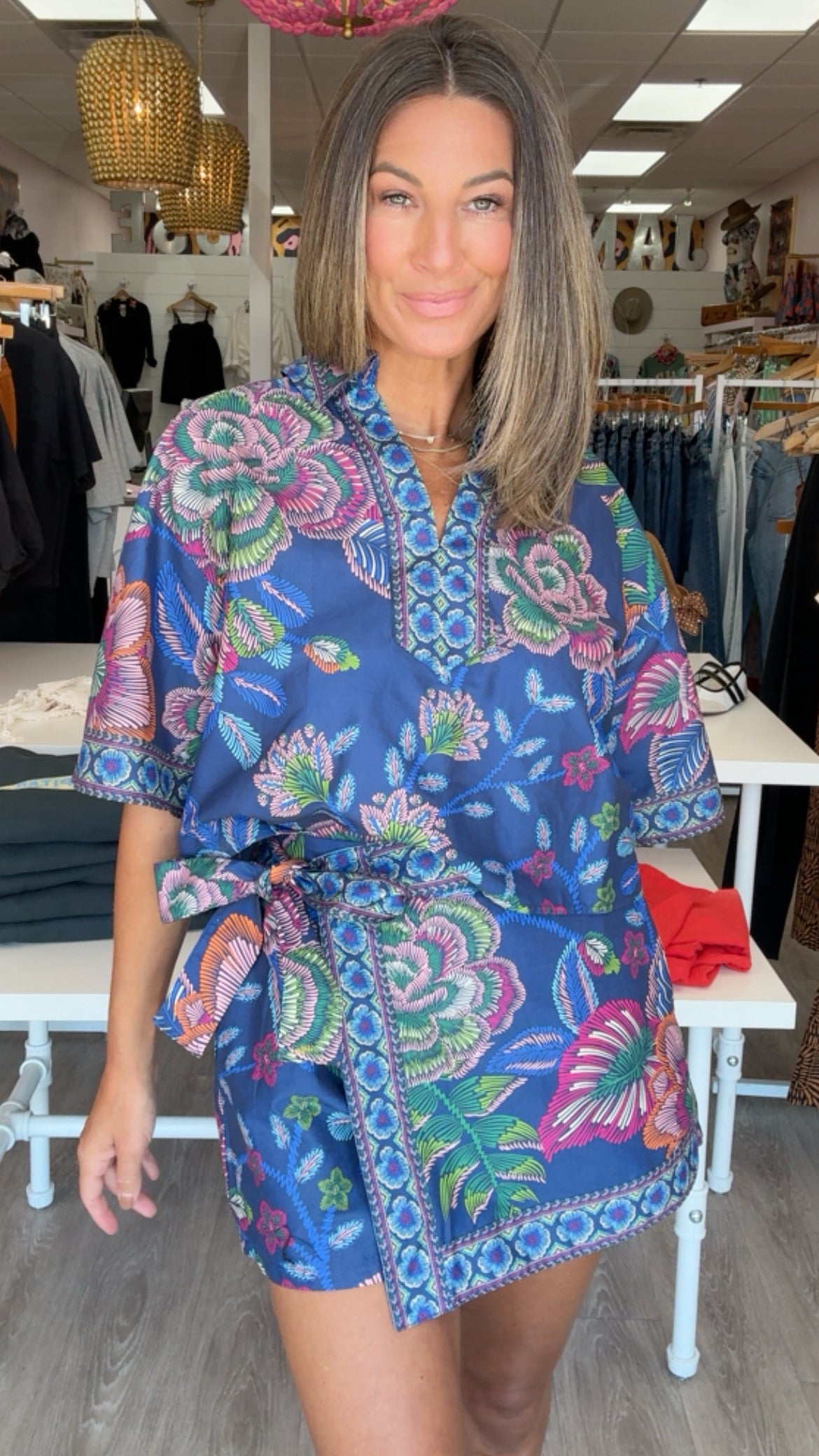 Indigo Printed Floral Wrap Skort Set